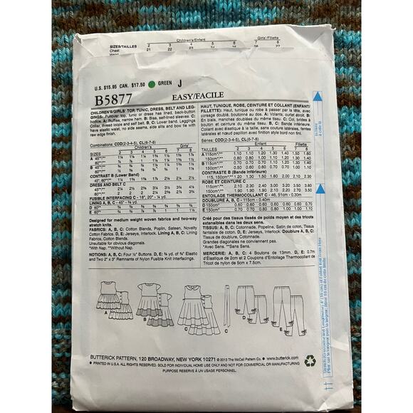 Butterick 5877 toddler girls top tunic dress leggings size 2 3 4 5 - Picture 3 of 7